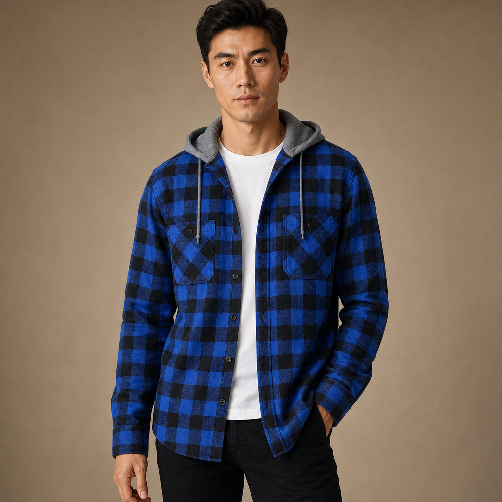 Plaid Hooded Flannel Jacket Long Sleeve Button-Down in Blue – Tomosino Premium Menswear