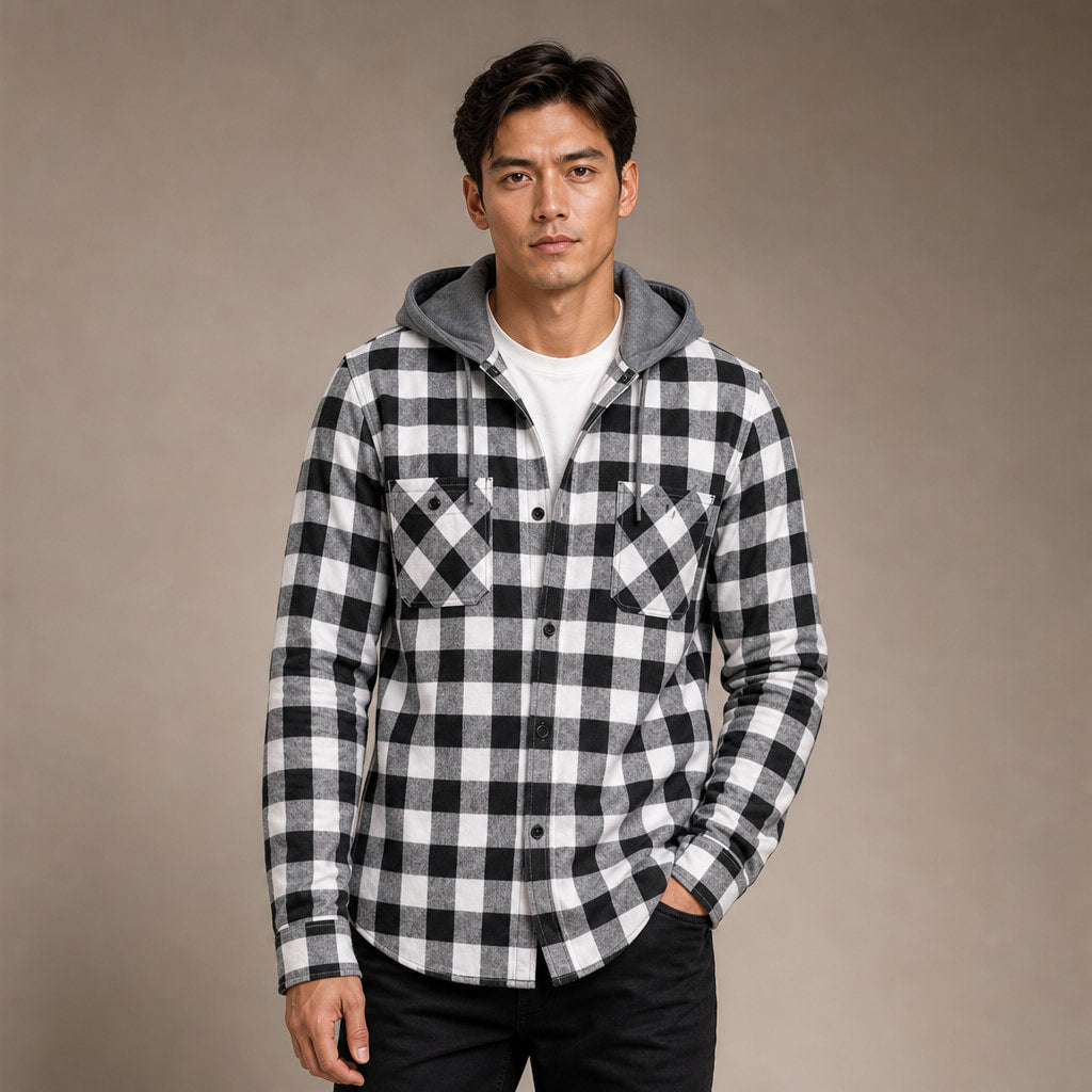 Plaid Hooded Flannel Jacket Long Sleeve Button-Down in Gray – Tomosino Premium Menswear