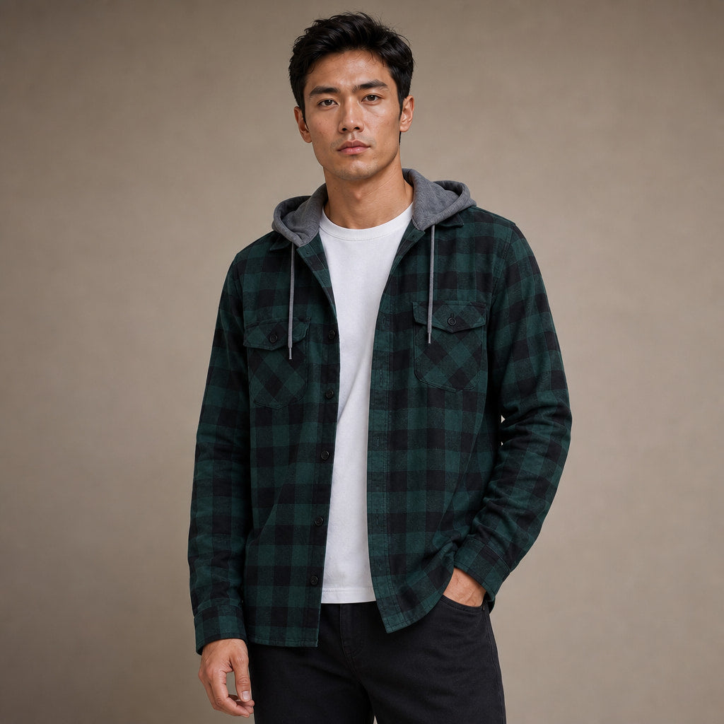 Plaid Hooded Flannel Jacket Long Sleeve Button-Down in Green – Tomosino Premium Menswear