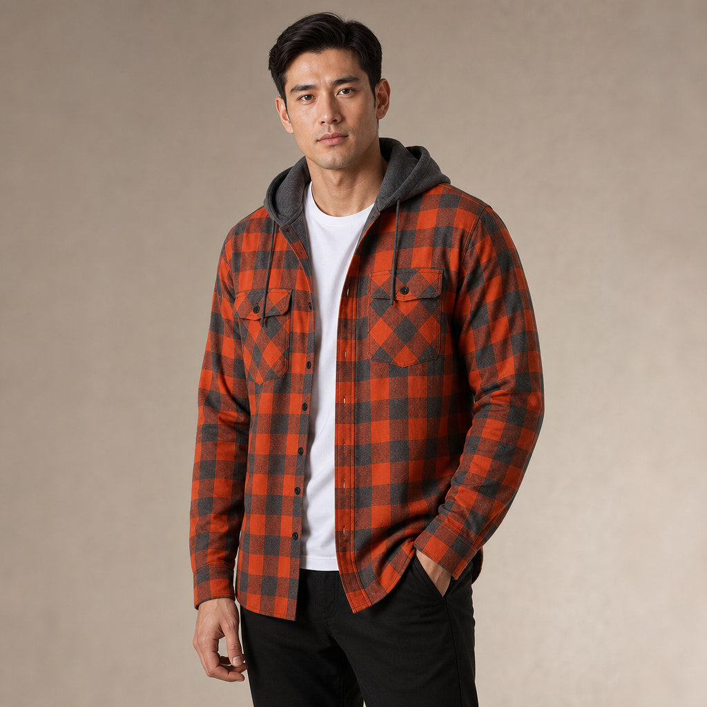 Plaid Hooded Flannel Jacket Long Sleeve Button-Down in Orange – Tomosino Premium Menswear