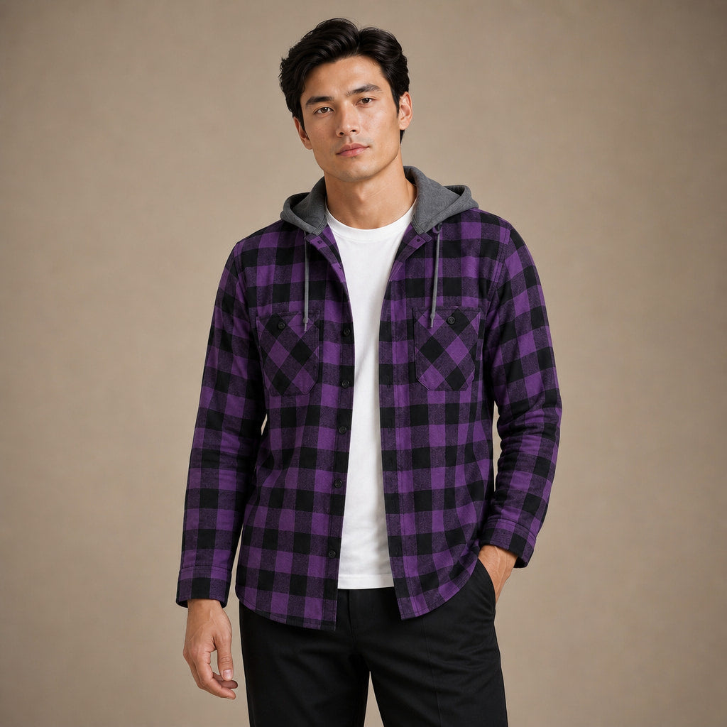Plaid Hooded Flannel Jacket Long Sleeve Button-Down in Purple – Tomosino Premium Menswear