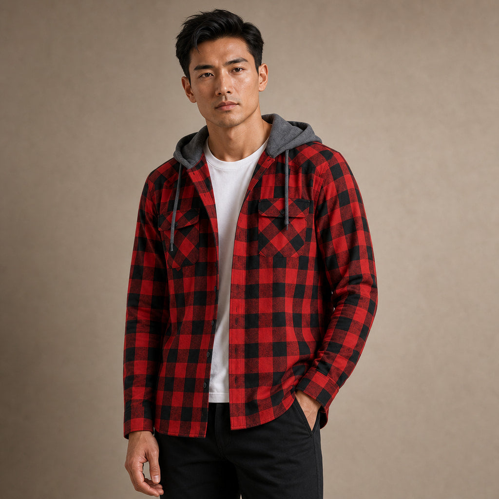 Plaid Hooded Flannel Jacket Long Sleeve Button-Down in Red – Tomosino Premium Menswear