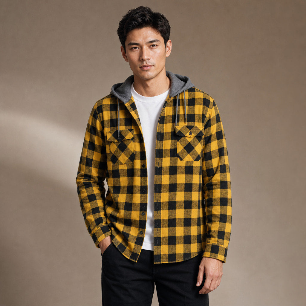 Plaid Hooded Flannel Jacket Long Sleeve Button-Down in Yellow – Tomosino Premium Menswear