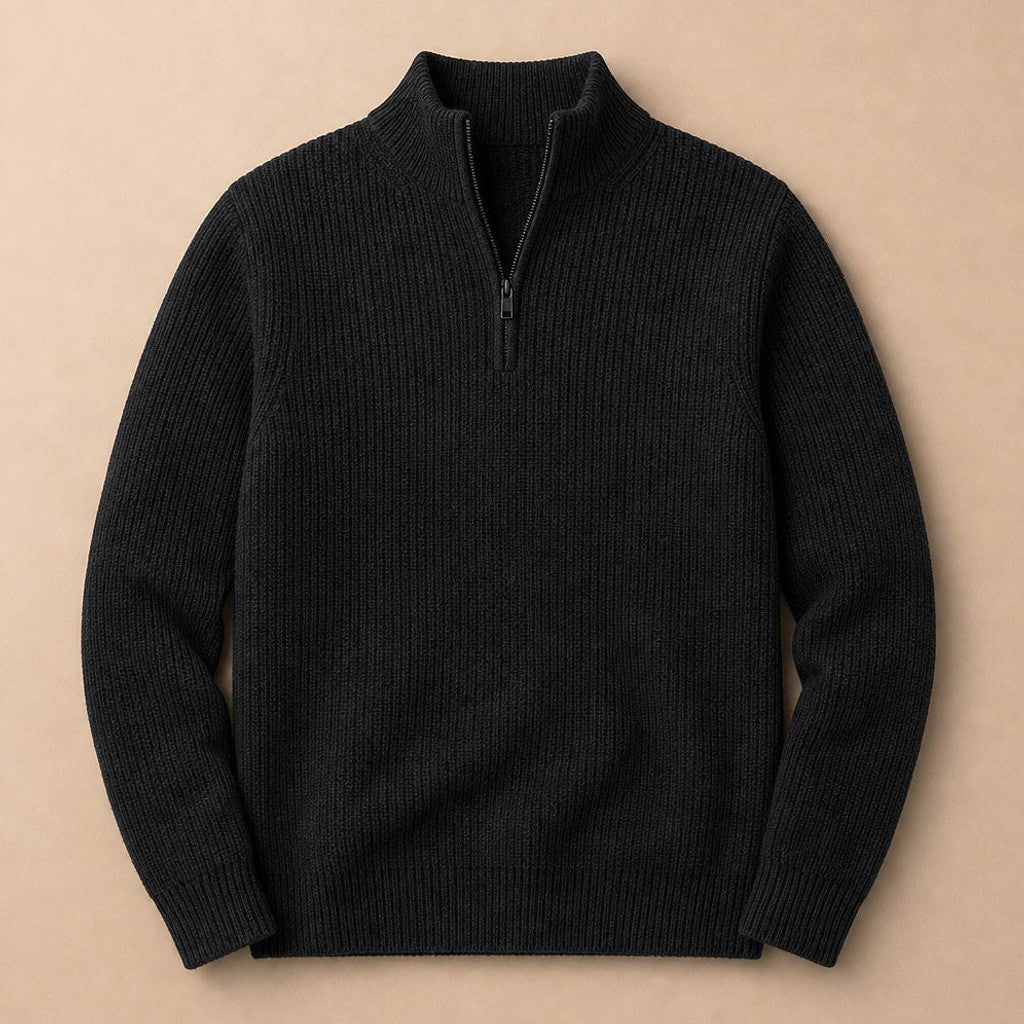 Chorton | Quarter Zip Jumper Ribbed Knit Black – Product Photo