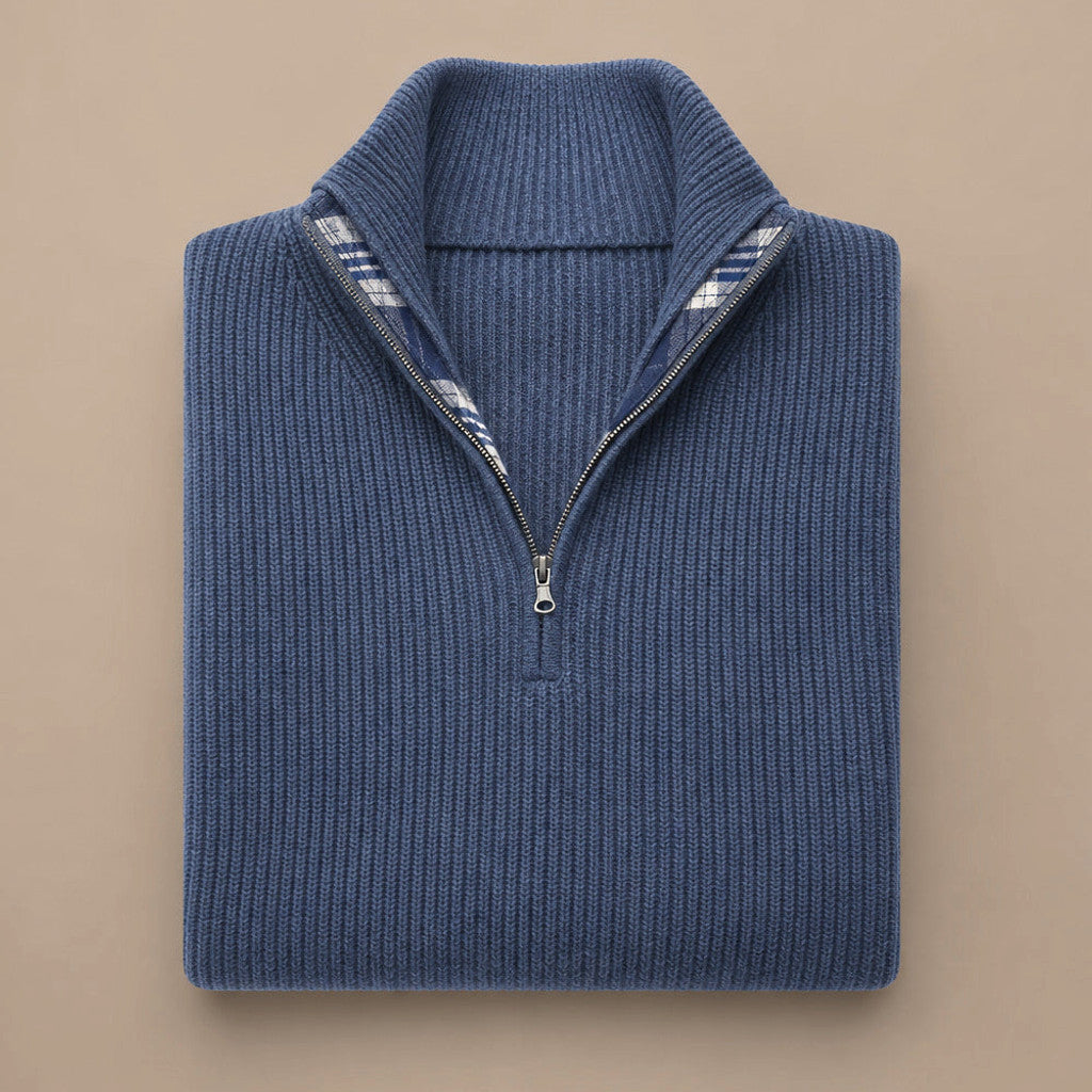 Chorton | Quarter Zip Jumper Ribbed Knit Blue – Product Photo