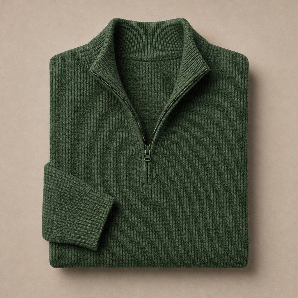 Chorton | Quarter Zip Jumper Ribbed Knit Green – Product Photo