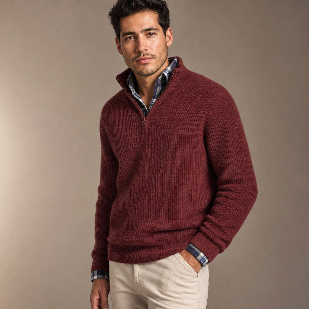 Chorton | Quarter Zip Jumper Ribbed Knit Wine Red – Side Angle View