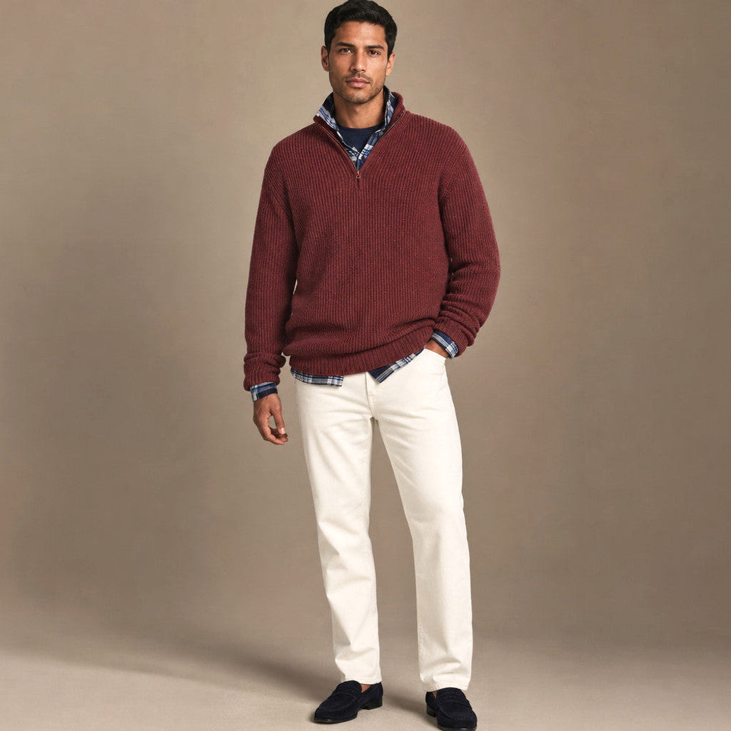 Chorton | Quarter Zip Jumper Ribbed Knit Wine Red – Full Look