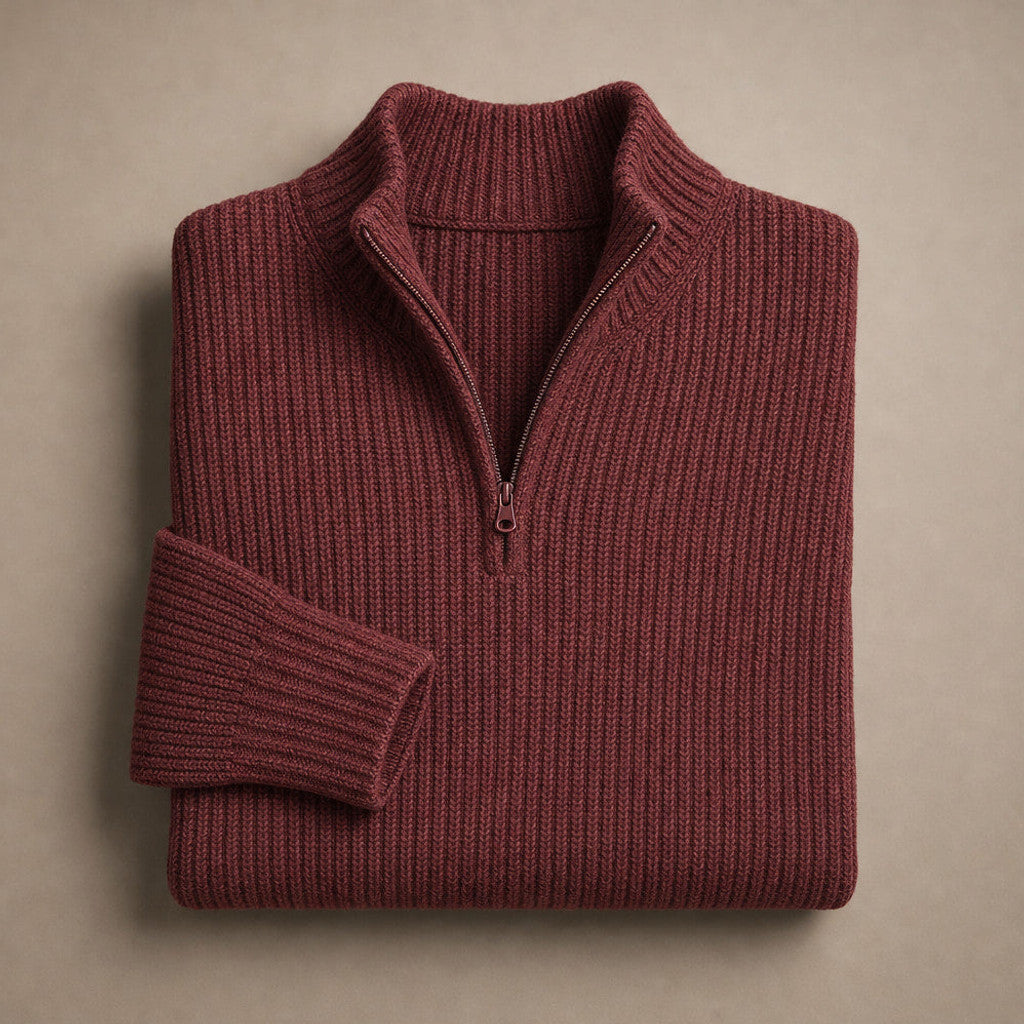 Chorton | Quarter Zip Jumper Ribbed Knit Wine Red – Product Photo