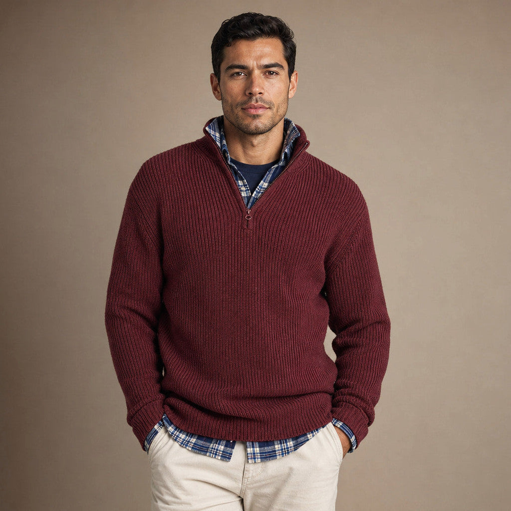 Chorton | Quarter Zip Jumper Ribbed Knit in Wine Red – Premium Editorial