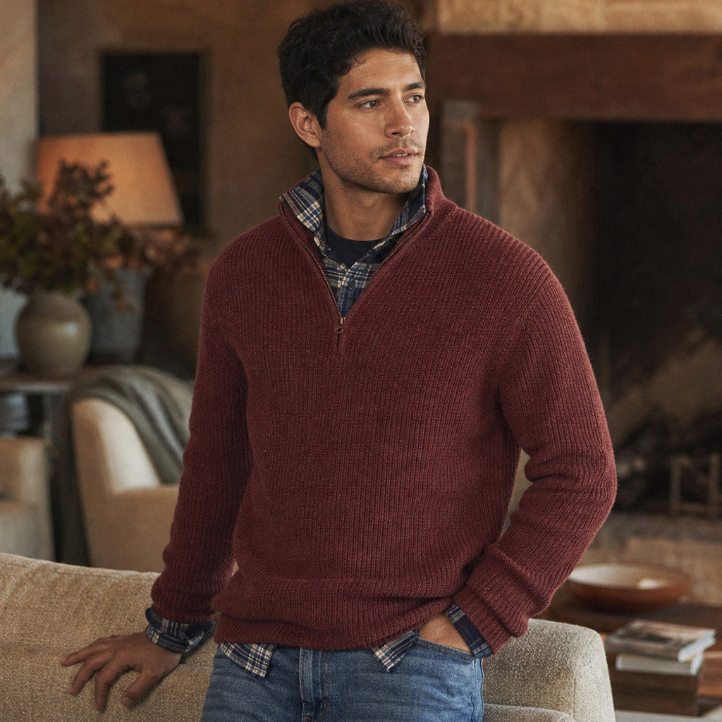 Chorton | Quarter Zip Jumper Ribbed Knit Wine Red – Styled Editorial Shot