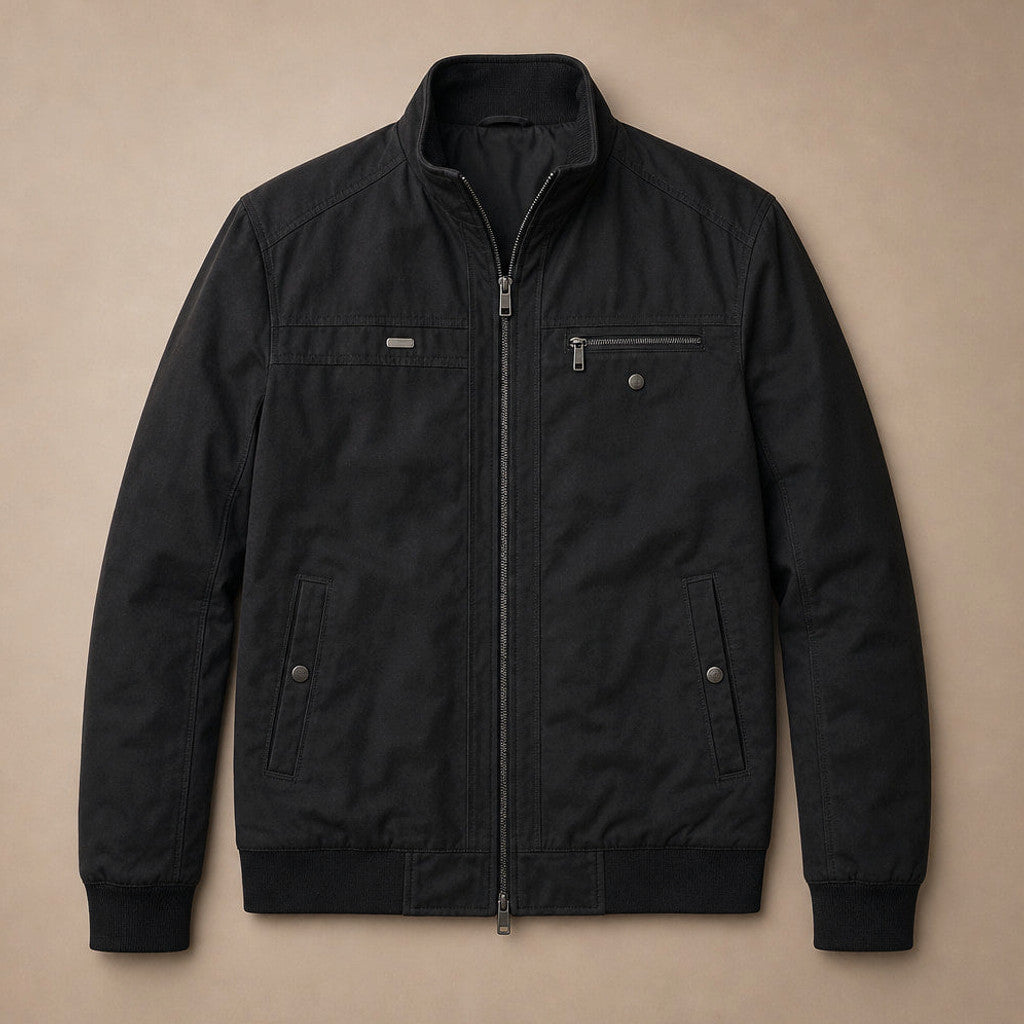 Chorven | Puffer Jacket Quilted Stand Collar Black – Flat Lay Product Photo