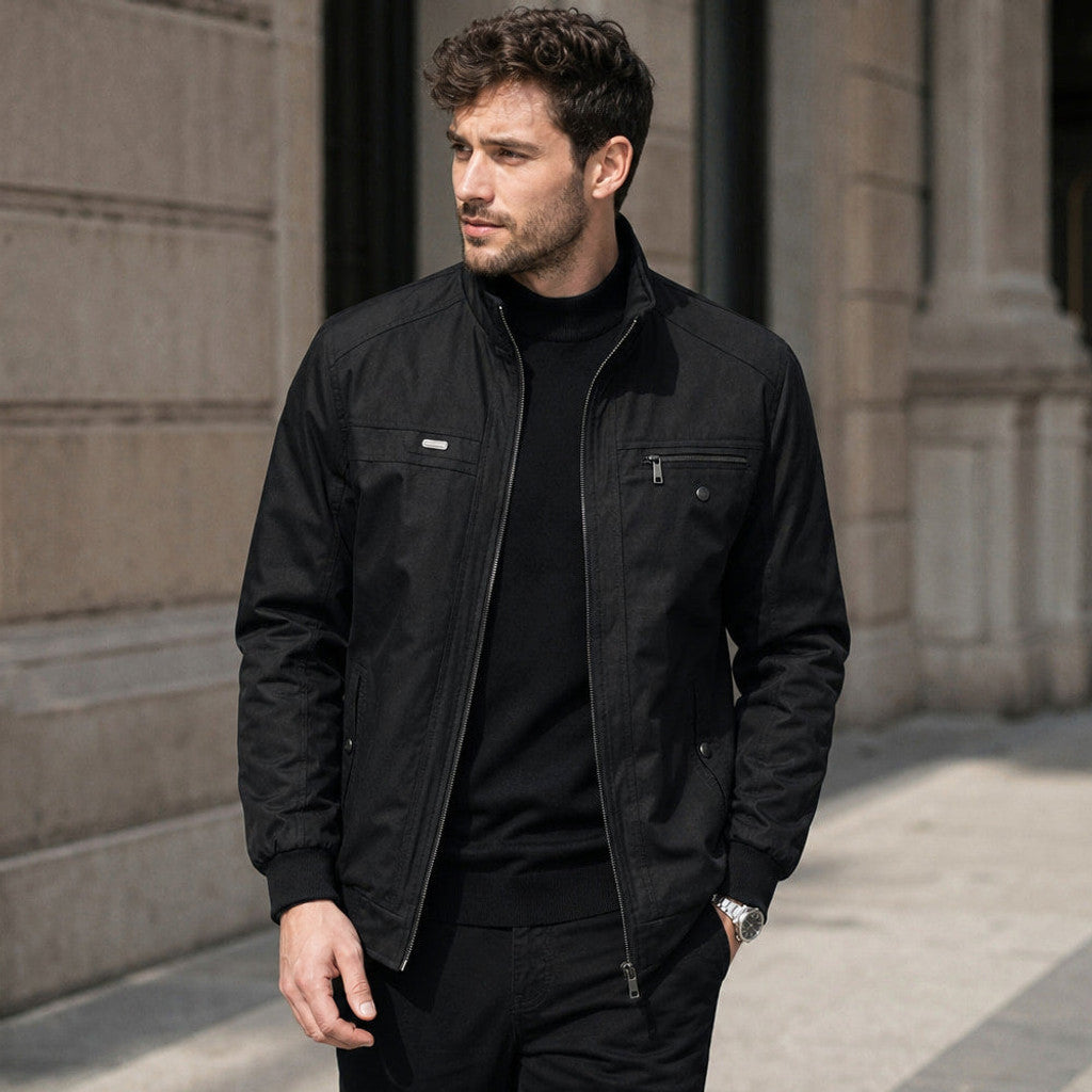 Chorven | Puffer Jacket Quilted Stand Collar Black – Styled Editorial Shot