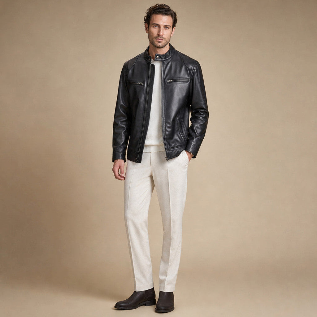 Cildox | Cafe Racer Leather Jacket Sheepskin Black – Product Photo