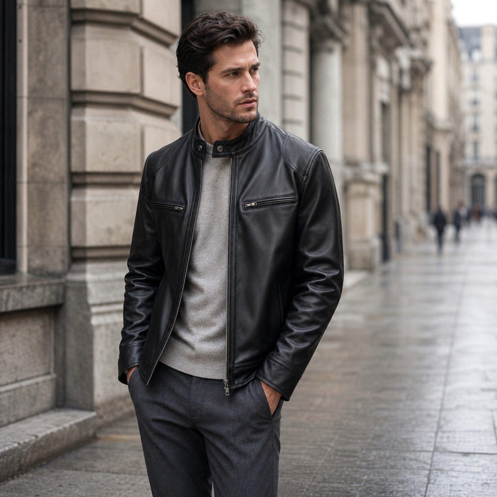 Cildox | Cafe Racer Leather Jacket Sheepskin Black – Product Photo