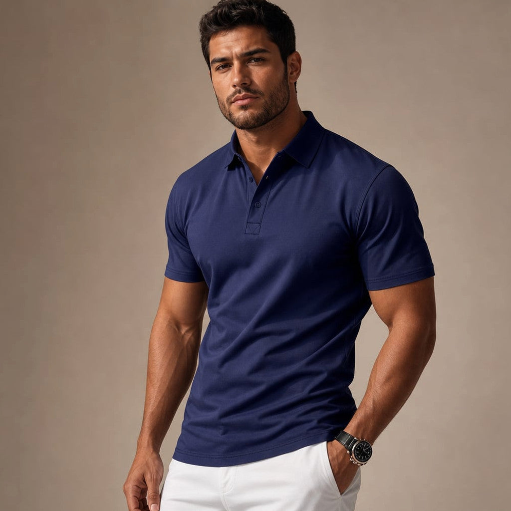 Classic Pique Polo Shirt in Black Blue – Side Angle View