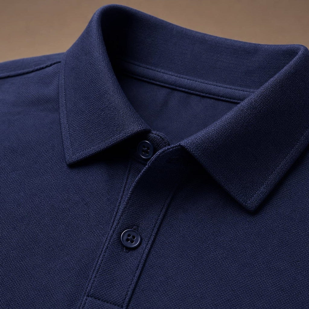 Classic Pique Polo Shirt in Black Blue – Fabric and Detail Close-Up
