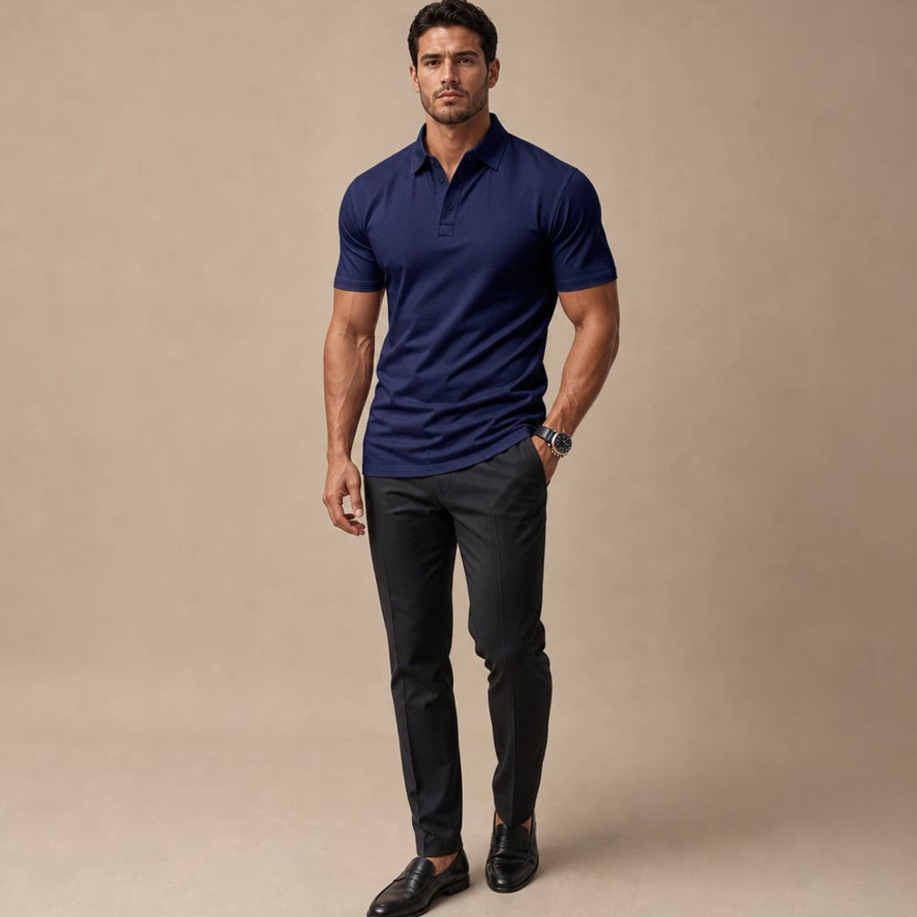 Classic Pique Polo Shirt in Black Blue – Full Look