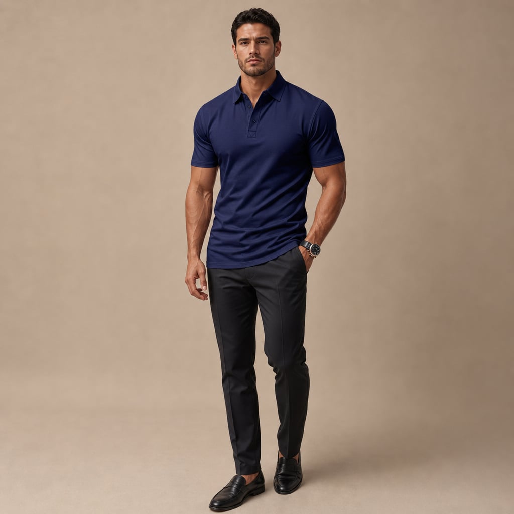 Classic Pique Polo Shirt in Black Blue – Full Look