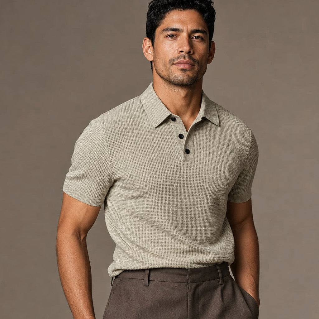 Classic Pique Polo Shirt with Button Placket in Beige Beige – Product Photo