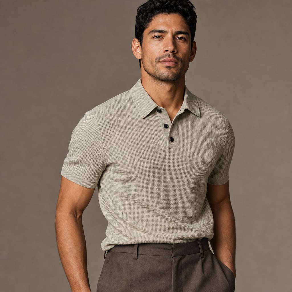 Classic Pique Polo Shirt with Button Placket in Beige Beige – Product Photo