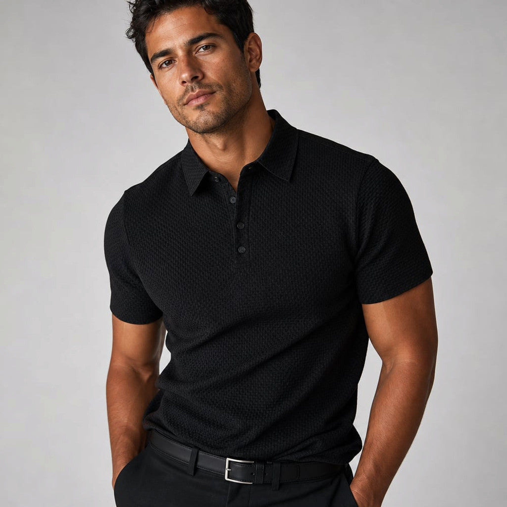 Classic Pique Polo Shirt with Button Placket in Beige Black – Product Photo