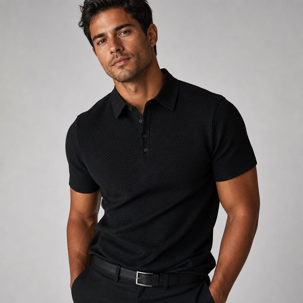 Classic Pique Polo Shirt with Button Placket in Beige Black – Product Photo