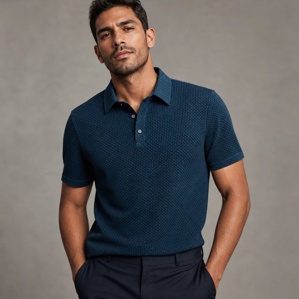 Classic Pique Polo Shirt with Button Placket in Beige Dark Blue – Product Photo