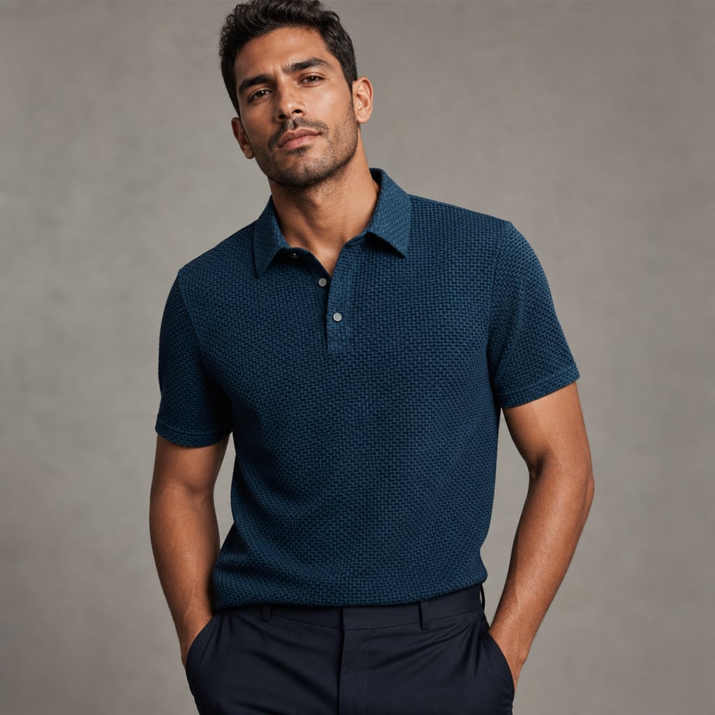 Classic Pique Polo Shirt with Button Placket in Beige Dark Blue – Product Photo