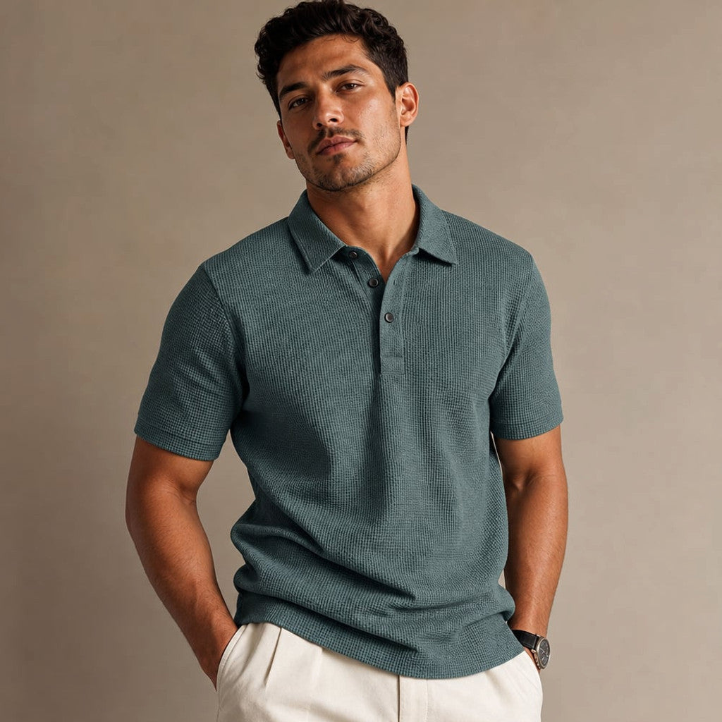 Classic Pique Polo Shirt with Button Placket in Beige Green – Product Photo
