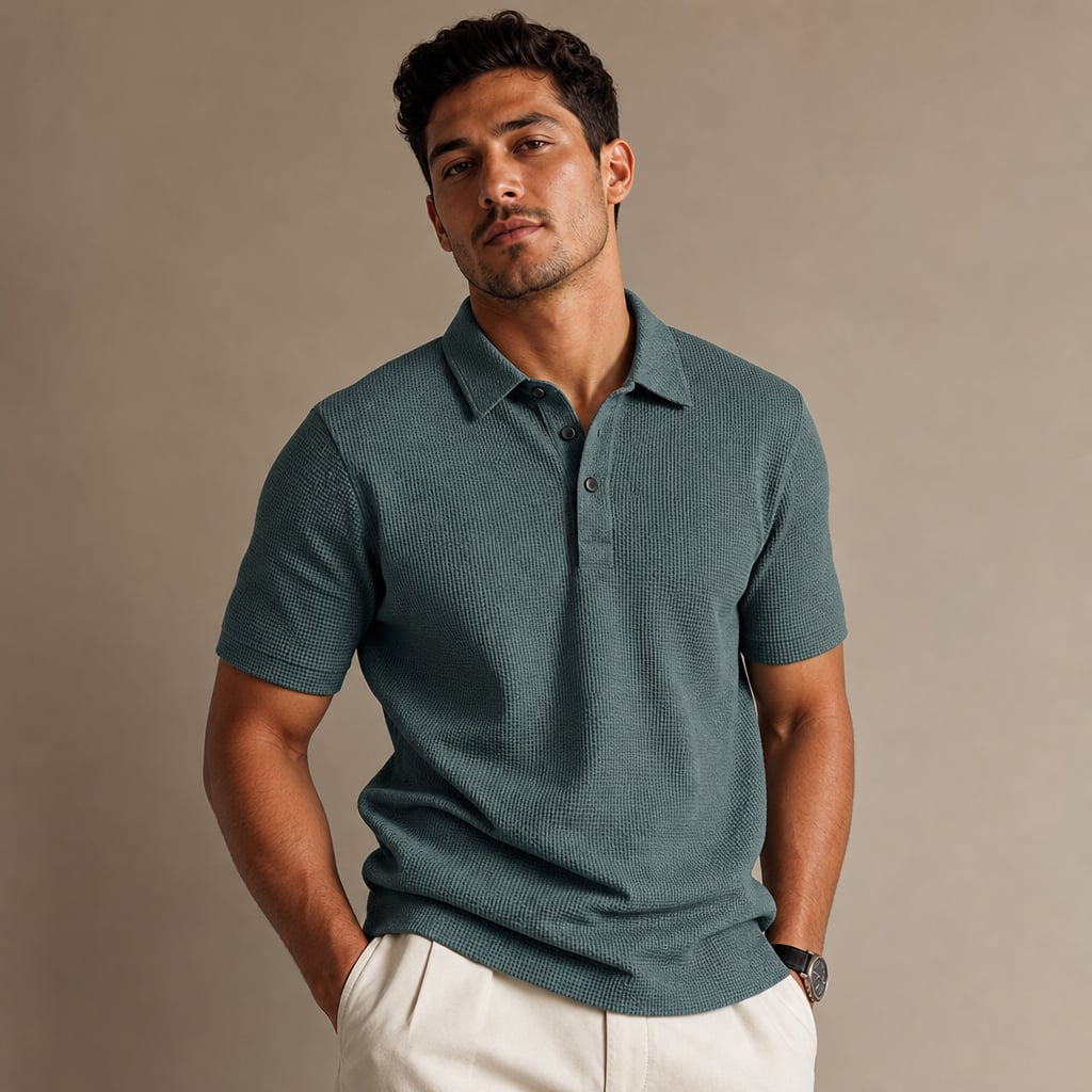 Classic Pique Polo Shirt with Button Placket in Beige Green – Product Photo
