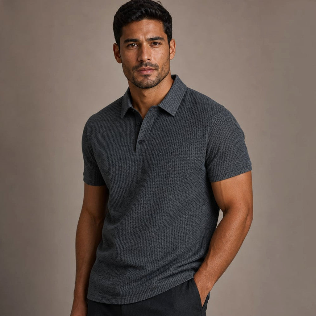 Classic Pique Polo Shirt with Button Placket in Beige Grey – Side Angle View
