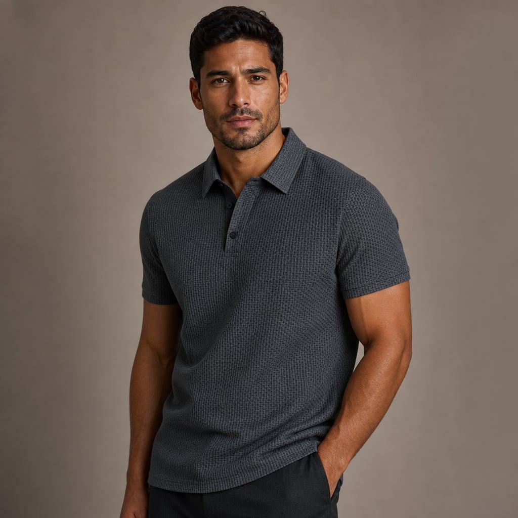 Classic Pique Polo Shirt with Button Placket in Beige Grey – Side Angle View