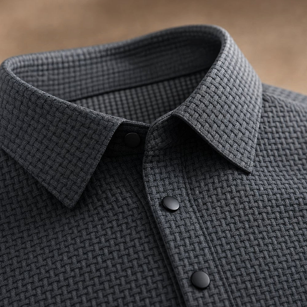 Classic Pique Polo Shirt with Button Placket in Beige Grey – Fabric and Detail Close-Up