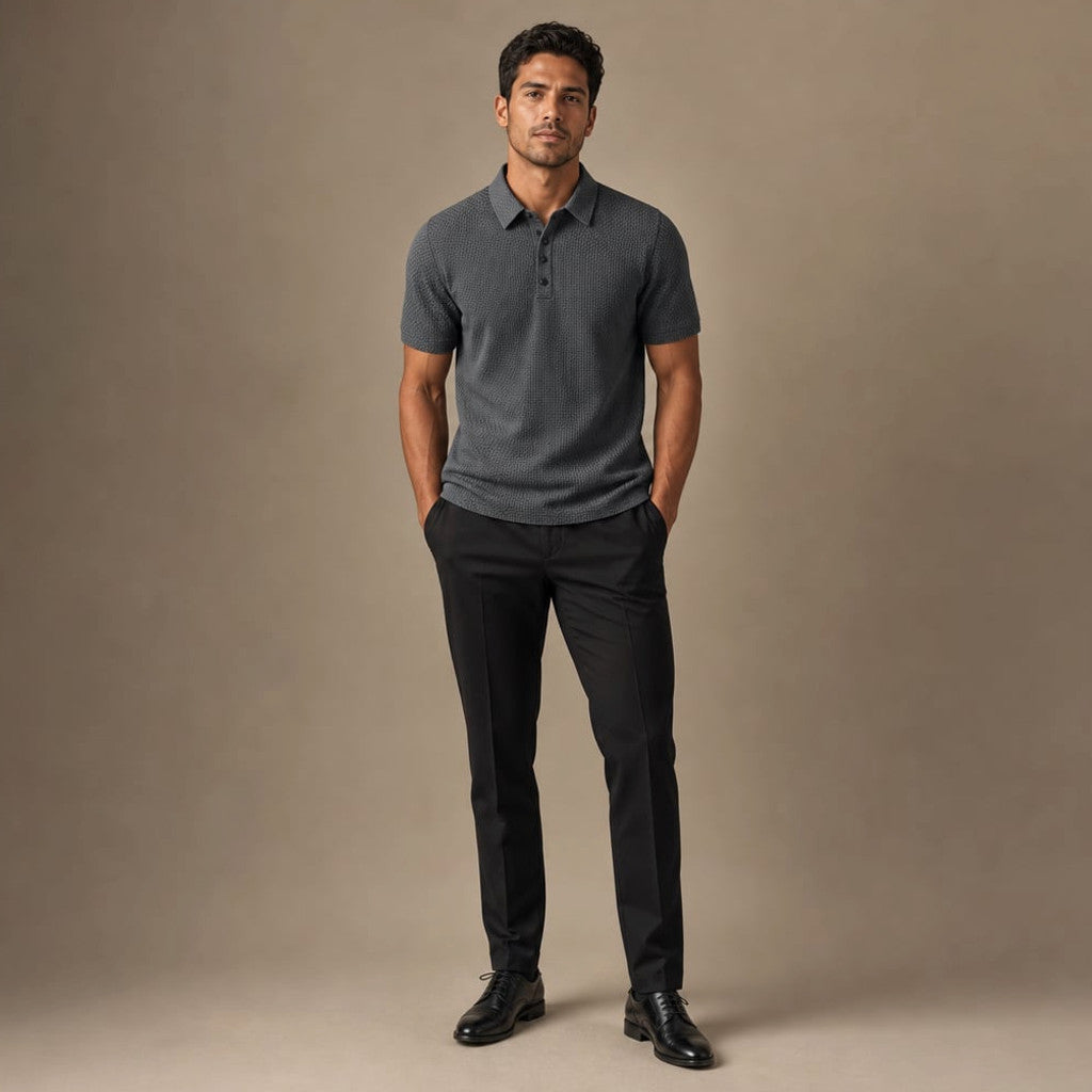 Classic Pique Polo Shirt with Button Placket in Beige Grey – Full Look