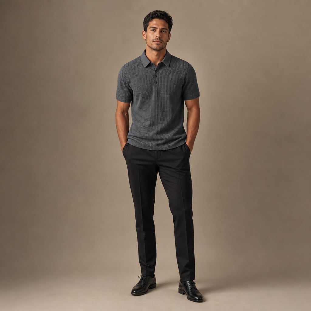 Classic Pique Polo Shirt with Button Placket in Beige Grey – Full Look
