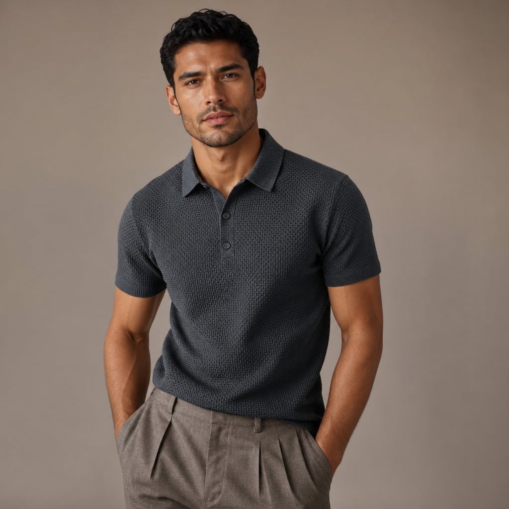 Classic Pique Polo Shirt with Button Placket in Beige Grey – Product Photo
