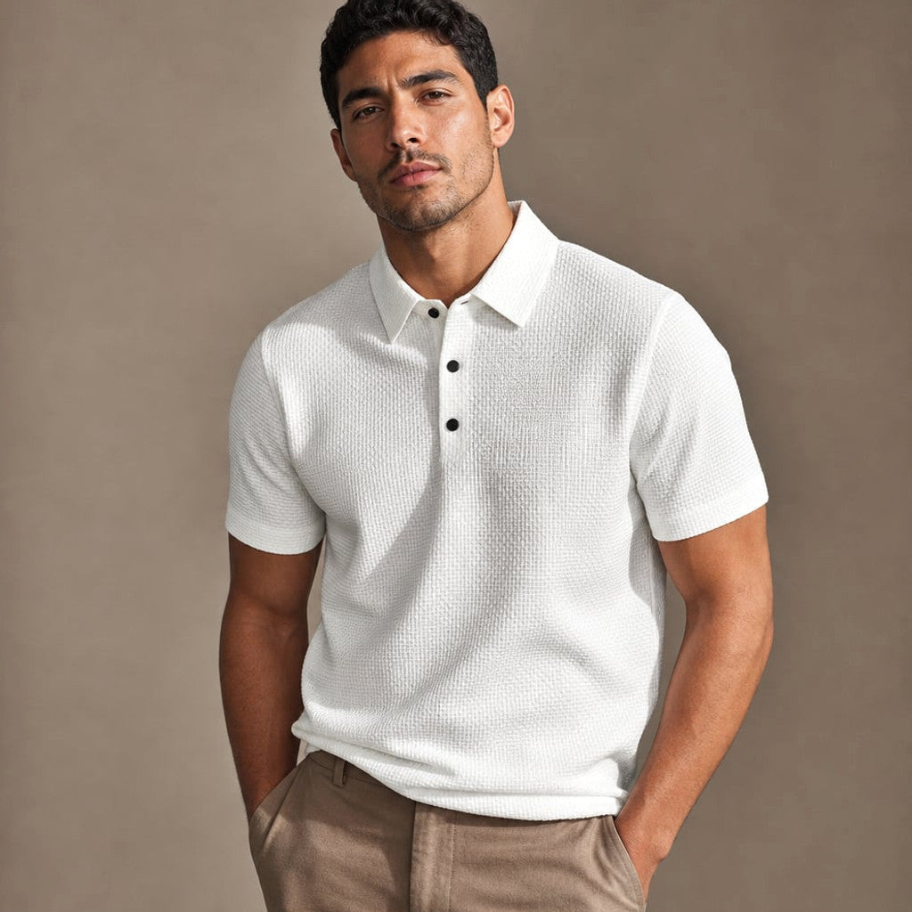 Classic Pique Polo Shirt with Button Placket in Beige White – Product Photo