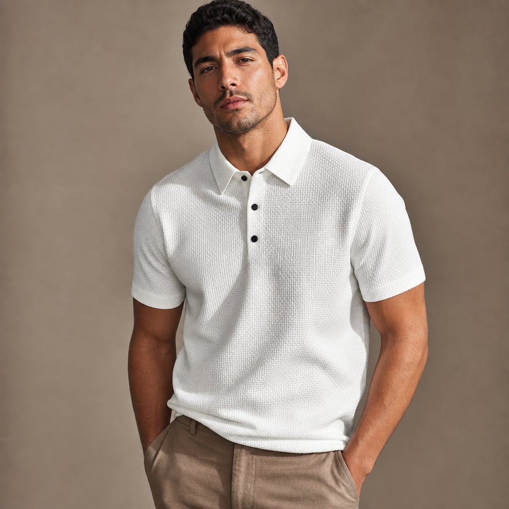 Classic Pique Polo Shirt with Button Placket in Beige White – Product Photo
