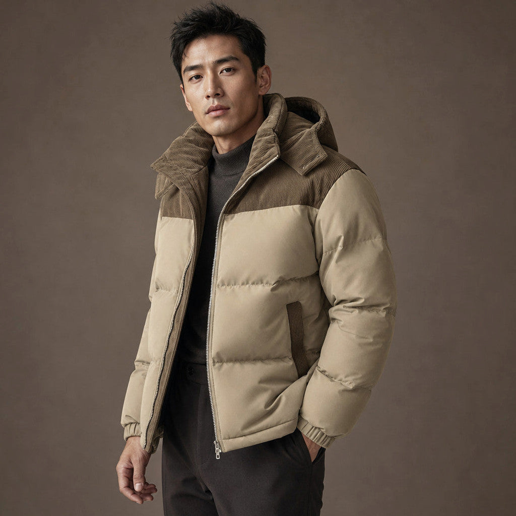 Clinton | Long Puffer Coat Hooded Mid-Thigh Khaki – Side Angle View