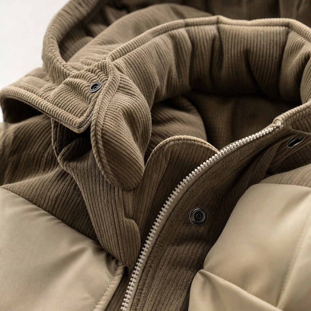 Clinton | Long Puffer Coat Hooded Mid-Thigh Khaki – Fabric and Detail Close-Up