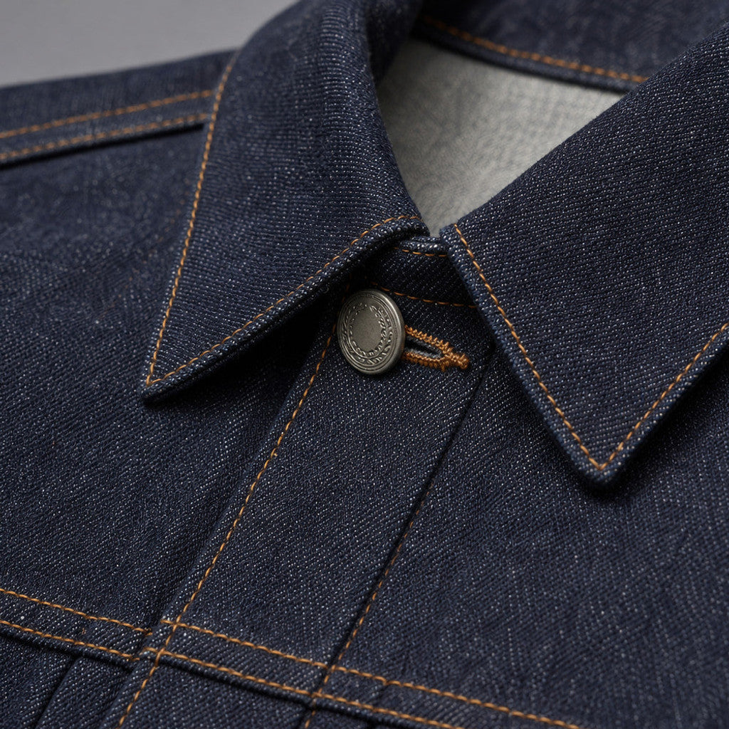 Cobden | Selvedge Denim Jacket Raw Indigo – Fabric and Detail Close-Up