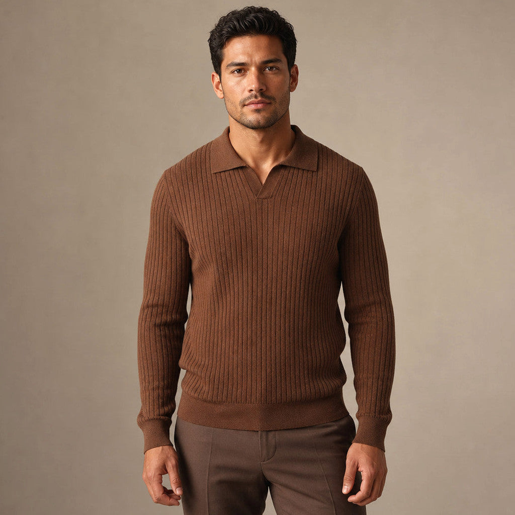 Colford | Ribbed Knit Polo Shirt Wool Blend in Cognac – Premium Editorial