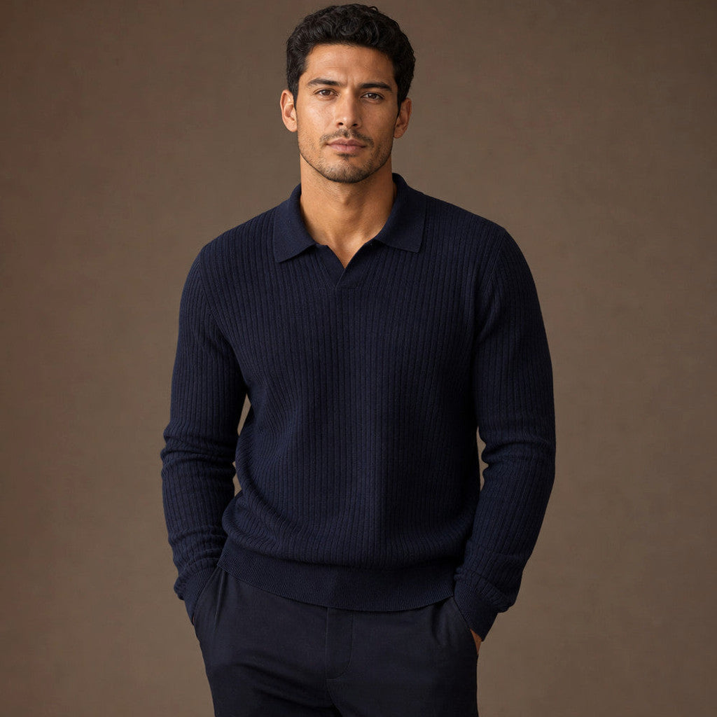 Colford | Ribbed Knit Polo Shirt Wool Blend Deep Navy – Product Photo