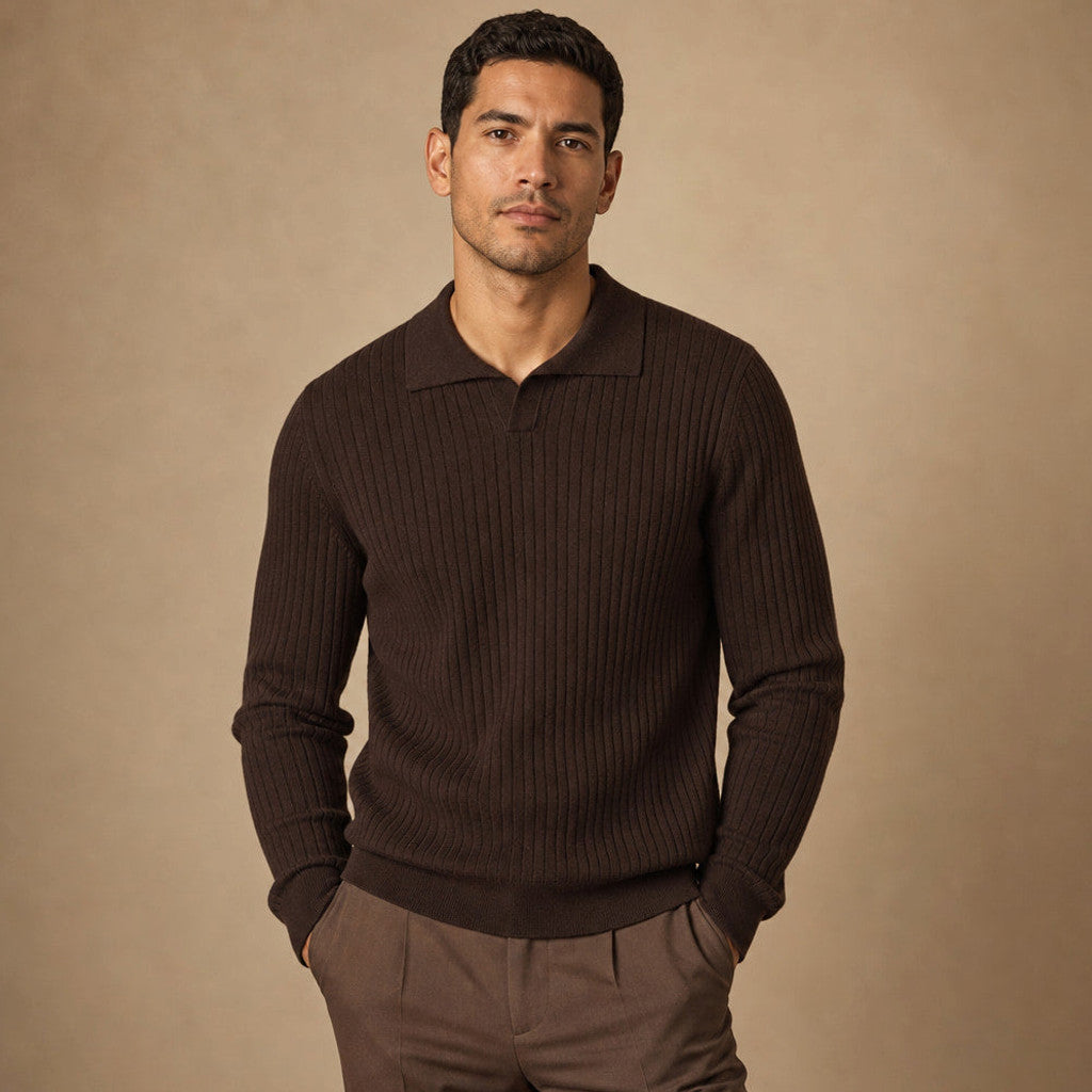 Colford | Ribbed Knit Polo Shirt Wool Blend Espresso – Product Photo