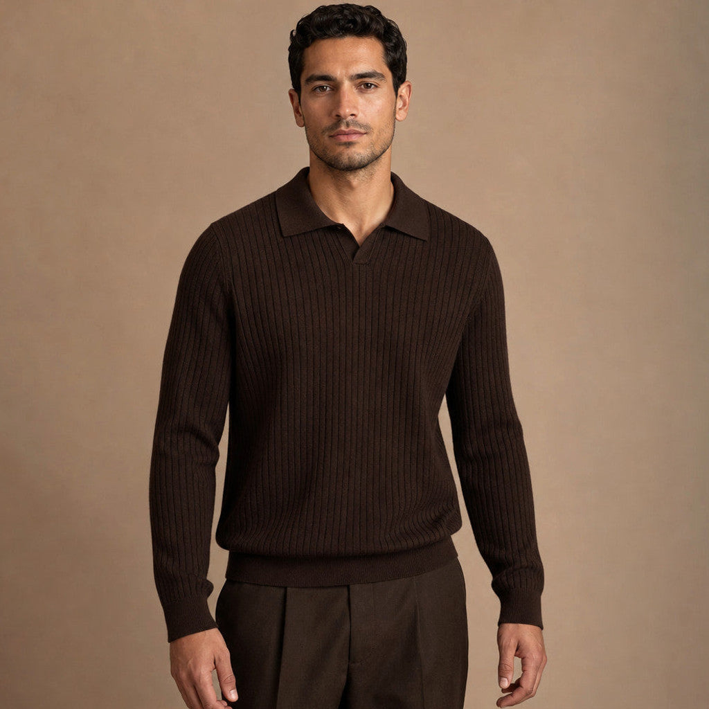 Colford | Ribbed Knit Polo Shirt Wool Blend in Espresso – Premium Editorial