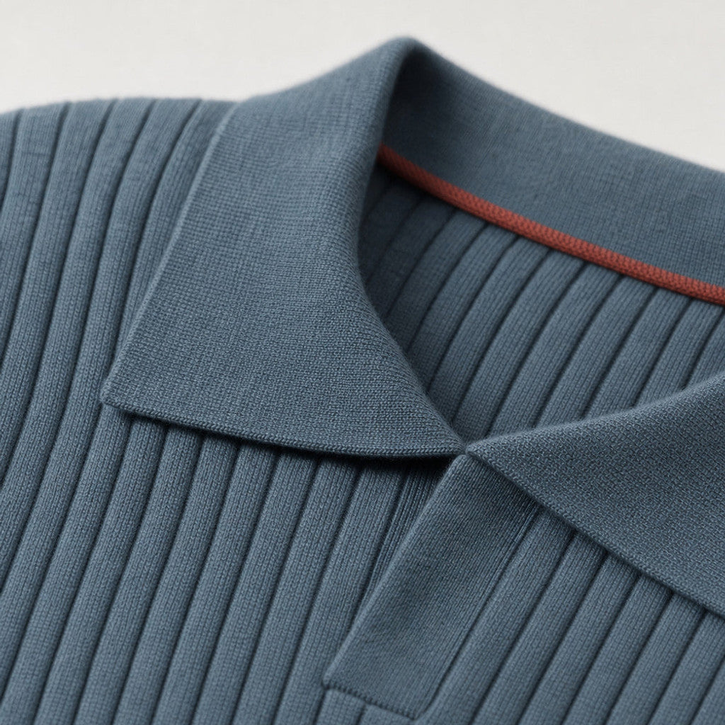 Colford | Ribbed Knit Polo Shirt Wool Blend Glacier Blue – Fabric and Detail Close-Up