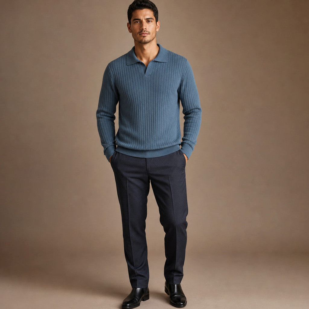 Colford | Ribbed Knit Polo Shirt Wool Blend Glacier Blue – Full Look