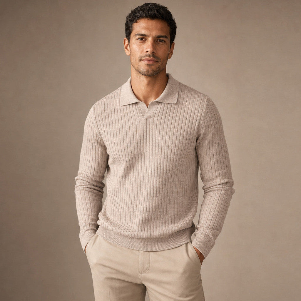 Colford | Ribbed Knit Polo Shirt Wool Blend Oat – Product Photo