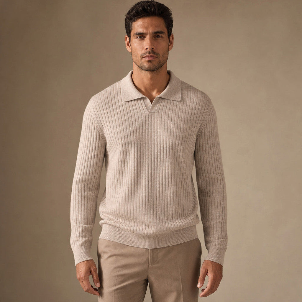 Colford | Ribbed Knit Polo Shirt Wool Blend in Oat – Premium Editorial